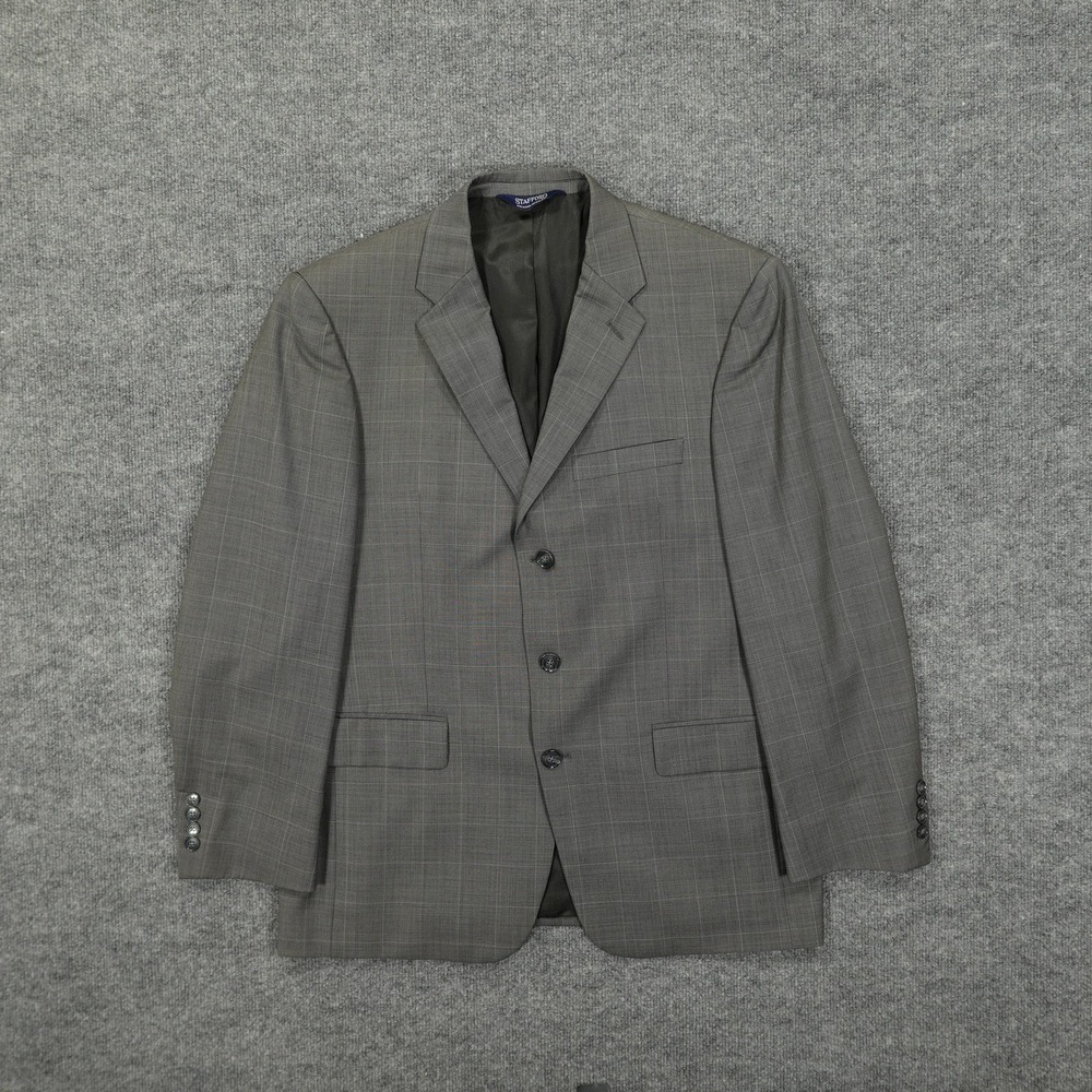Stafford Blazer Mens 42 Short Gray Plaid Wool Silk 3 Button Suit Jacket